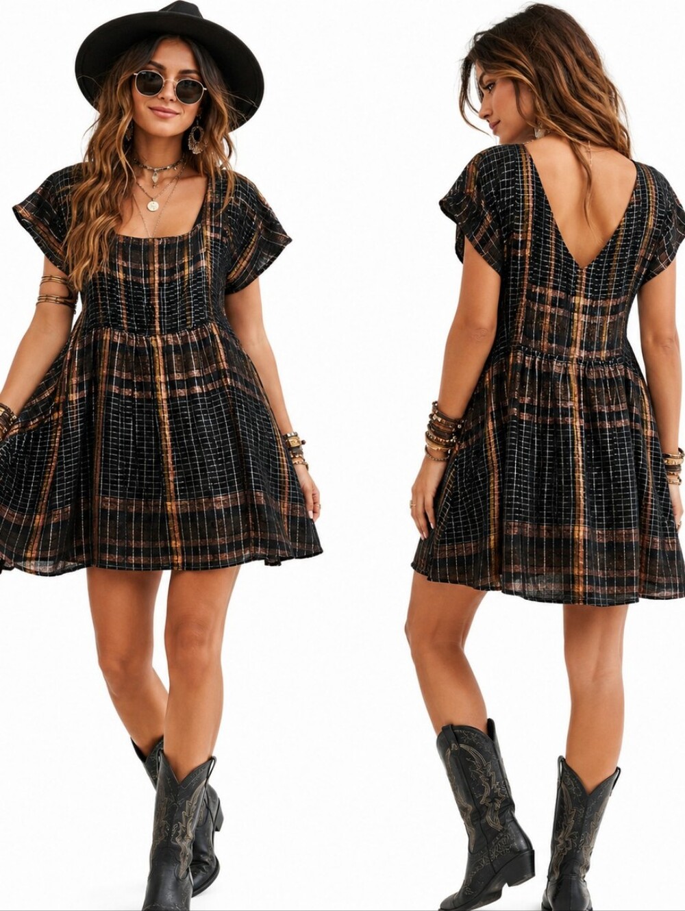 Free People Black Metallic Plaid Babydoll Dress Small Boho Festival Shimmer Squa